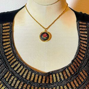 Vintage handmade cross stitch rose pendant on gold rope chain